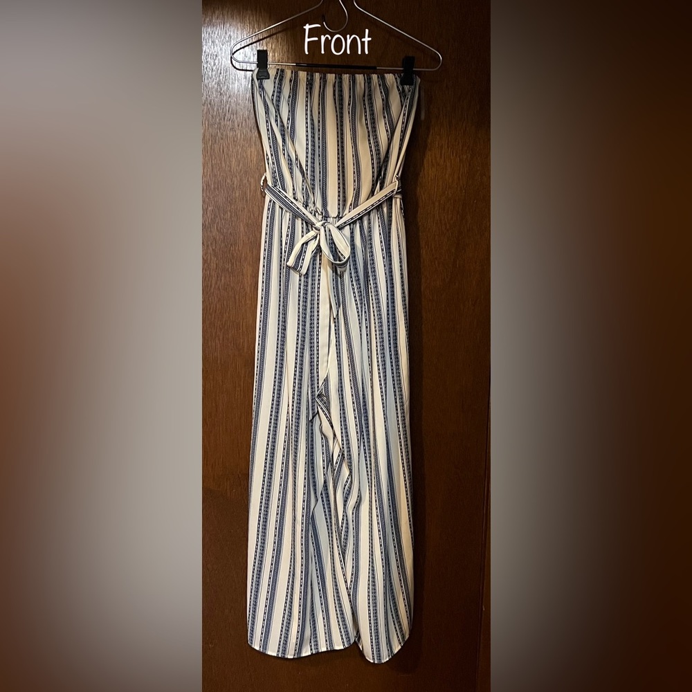 Size XS Lush strapless navy/cream striped jumpsuit